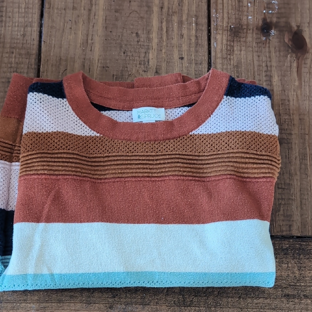 Market & Spruce Striped Crewneck in Rust, Cream & Teal